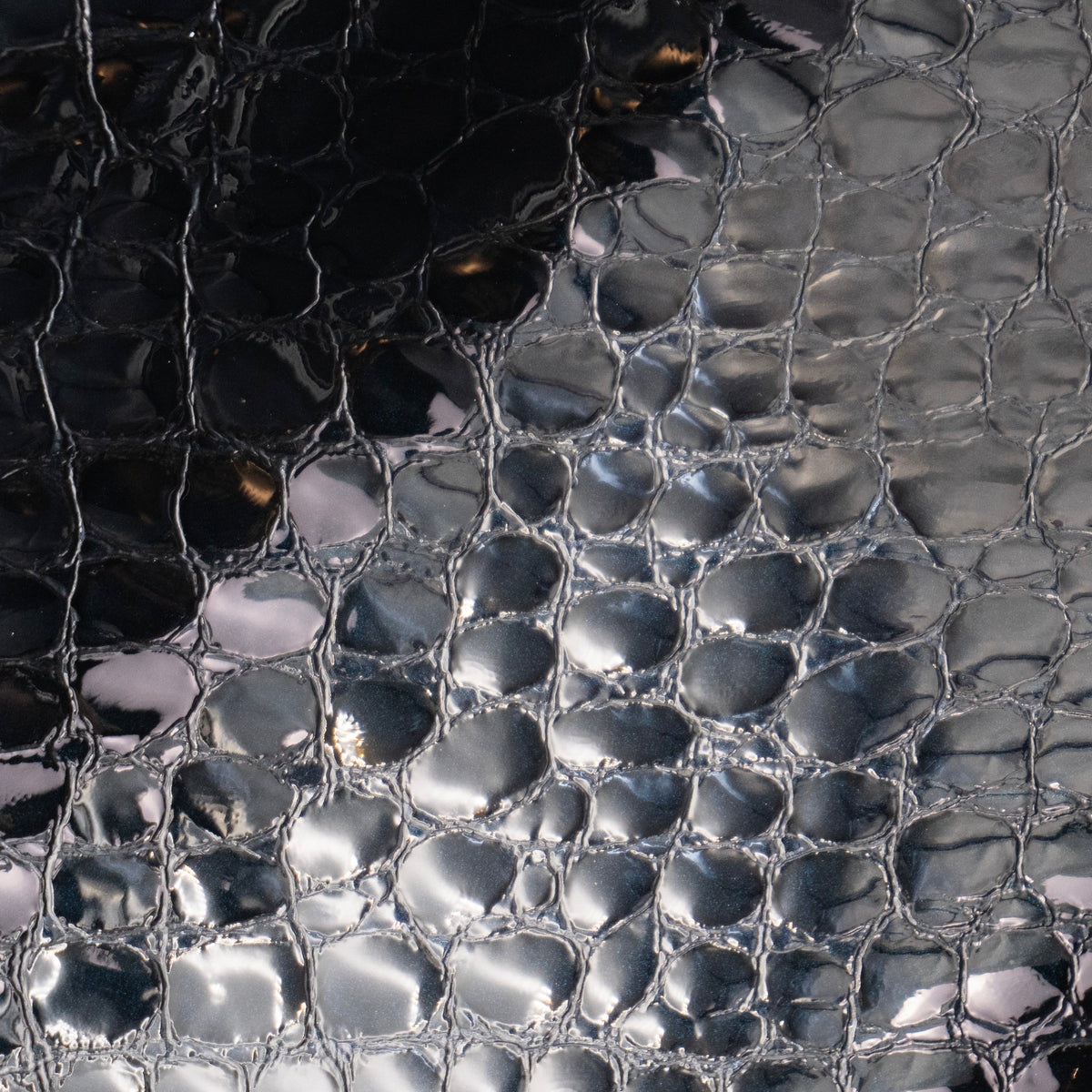 Close-up of a glossy black textured material with a raised reptile or alligator-scale pattern and reflective highlights.
